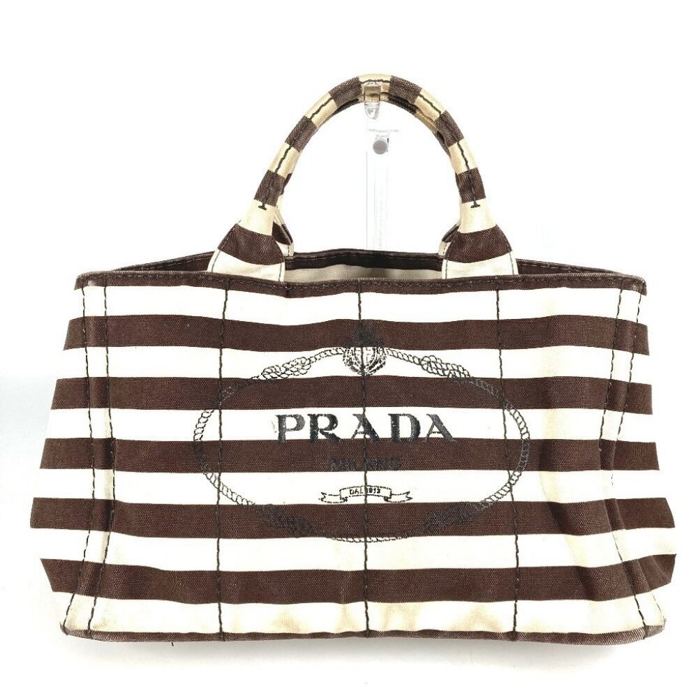 PRADA Canapa logo border Bag Tote Bag Hand Bag Canvas Brown/White